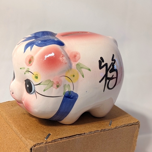 Vintage Ceramic Piggy Bank Big Eyes Blue Bow With Pink Ears Rare #26 - Picture 4 of 6